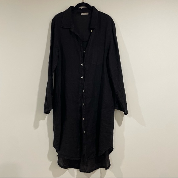 100% linen made in Italy black long sleeve button down tunic top peace and love - Picture 3 of 5